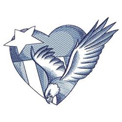 Redwork eagle within a heart, featuring blue tones and a star, symbolizing patriotism for holidays.