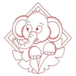 Redwork elephant with large ears and a cheerful expression sitting on a stylized leaf amid a diamond background.