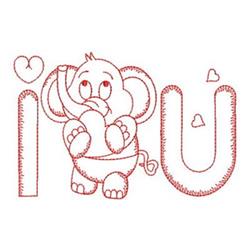 Redwork elephant holding its trunk with happy eyes, surrounded by 'I', 'U', and hearts, perfect for Valentine's Day.