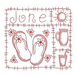 Redwork flip flops adorned with flowers, a sun, a mug, and a drink, capturing playful summer vibes.