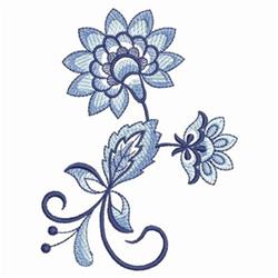 Redwork floral design featuring two detailed blue flowers with intricate green leaves and elegant swirls.
