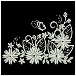 Redwork floral design featuring a cluster of white flowers and leaves on a black background, with elegant swirls and a heart