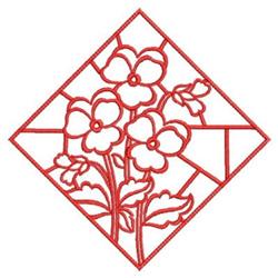 Redwork floral design showcasing a cluster of flowers and leaves in a detailed red outline within a diamond shape.