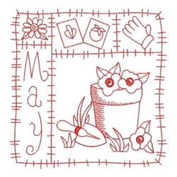 Redwork flower pot filled with bright flowers, gardening tools, and playful icons, perfect for spring decor.