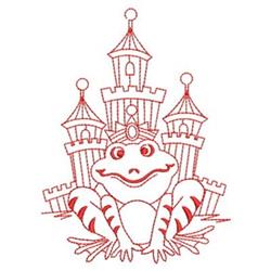 Redwork frog with a cheerful expression in front of whimsical stylized castles, outlined in bold red.