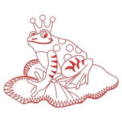 Redwork frog wearing a crown sits on a lily pad, featuring a playful red outline and distinctive spots.