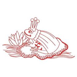Redwork frog with a whimsical expression wearing a crown, resting on a lily pad, outlined in strong lines.