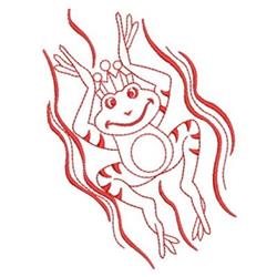 Redwork frog with a crown, smiling brightly among playful wavy lines in red on white.