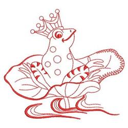 Redwork frog with a crown and polka dots, joyfully perched on a lotus leaf in vibrant red thread.