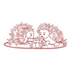Redwork hedgehogs on grass, cartoon-style with spiky hair, facing a stylized mushroom, playful design.