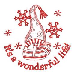Redwork whimsical hat with curled tip and swirls, surrounded by snowflakes, set in a playful holiday theme.