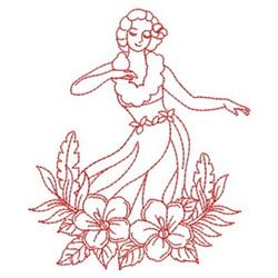 Redwork hula dancer in traditional attire with floral lei, surrounded by vibrant leaves and flowers.