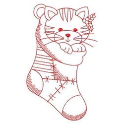 Redwork Kitty in Stocking - 4x4 kitten redwork embroidery design for reusable tote bags