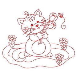 Redwork Kitty & Roses - 4x4 kitten redwork embroidery design for cute baby onesies