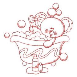 Redwork koala enjoying a bubbly bath in a vintage tub, surrounded by playful floating bubbles and soap bottles.