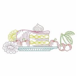 Redwork layered cake with colorful icing, surrounded by playful apples, cherries, and a flower, perfect for dessert themes.