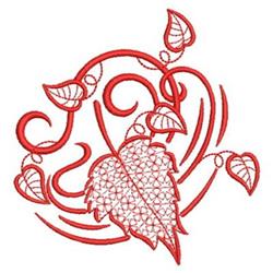 Redwork leaf design with swirling vine tendrils and small leaves, featuring an elegant red outline.