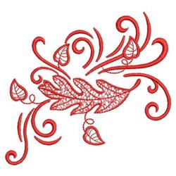 Redwork leaf entwined with intricate vines and swirls, featuring detailed red stitching on a neutral background.