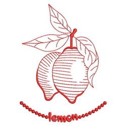 Redwork lemon design featuring two lemons with green leaves and playful cursive text below.