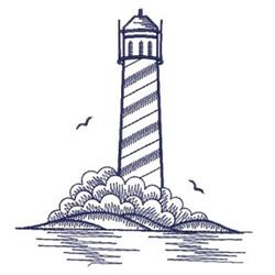 Redwork lighthouse design features a tall striped lighthouse on rocky shore, surrounded by clouds and birds.