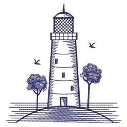 Redwork lighthouse on a grassy hill with stylized trees, and two birds in flight above, in simple line art.