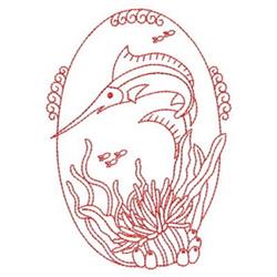 Redwork marlin swimming elegantly among coral, seaweed, and bubbles, framed with wave-like patterns.