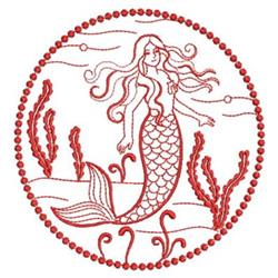 Redwork mermaid with flowing hair and detailed tail surrounded by seaweed and bubbles in a whimsical line art style.