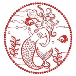 Redwork mermaid with flowing hair surrounded by playful fish and seaweed, framed with bubbles in a whimsical aquatic theme.