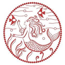 Redwork mermaid with flowing hair surrounded by two fish and playful bubbles, creating a whimsical aquatic scene.