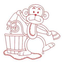Redwork monkey joyfully splashing water, cartoonish style, beside a wooden bucket in bold red colors.