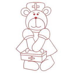 Redwork bear in a nurse outfit with a cap and red cross, holding a first aid kit.