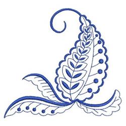 Redwork ornamental leaf design featuring intricate blue outlines, flowing curves, and decorative details.