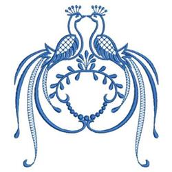 Redwork design featuring two peacocks in elegant blue linework, surrounded by floral motifs and intricate details.