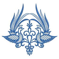 Redwork two peacocks in intricate blue tones with floral and leaf patterns, creating a symmetrical design.