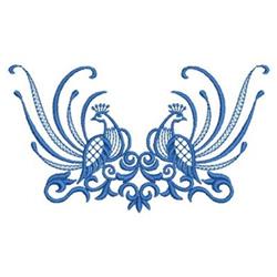 Redwork design featuring two elegant peacocks displaying intricate blue feathers with floral patterns and swirls.