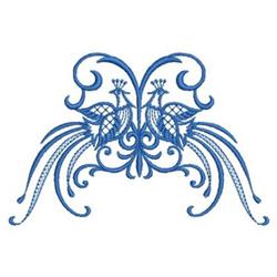 Redwork design featuring two peacocks with swirling patterns and floral motifs in vibrant blue.