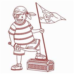 Redwork pirate boy in red and white stripes, holding a sword and a skull and crossbones flag, stands on a treasure chest.