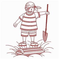 Redwork pirate boy with a striped shirt and bandana stands on a treasure chest beside a shovel, cheerful and cartoonish.