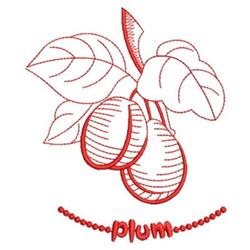 Redwork plum fruit design featuring two plump plums with green leaves, accented by embroidered 'plum' text.