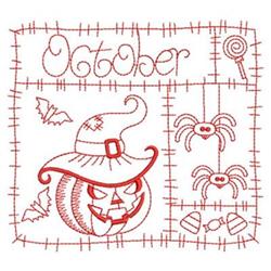 Redwork pumpkin wearing a witch's hat with a mischievous grin, surrounded by playful bats and spiders, perfect for Halloween.