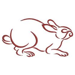 Redwork rabbit outline in fluid red lines, depicting a crouching animal with minimalist style.