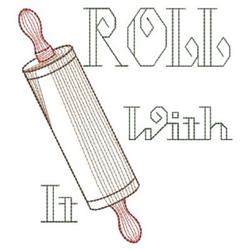 Redwork rolling pin with playful 'ROLL with It' text in bold fonts, featuring soft earthy tones.