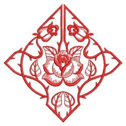 Redwork flower design featuring a central rose and smaller floral motifs in vibrant red against white.