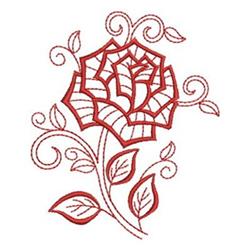 Redwork rose design with intricate swirls and leaves, showcasing elegant floral beauty.