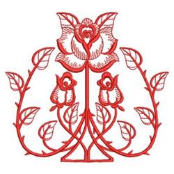 Redwork roses with intricate petals, vibrant red thread, and lush green leaves in a classic style.