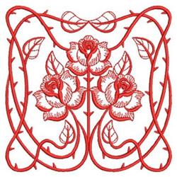 Redwork roses in traditional style with three vibrant red blooms, thorny vines, and ornamental leaves.
