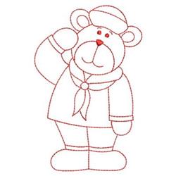 Redwork bear in a sailor hat and scarf, playfully saluting with its paw, perfect for holiday projects.