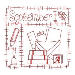 Redwork calendar motif for September featuring a stack of books, an apple, and a pencil in simple line art.