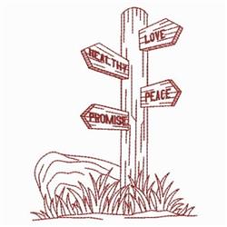 Redwork signpost with signs for 'Health', 'Love', 'Peace', and 'Promise', set in grass near a rock.