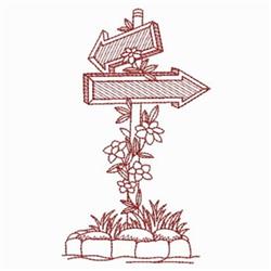 Redwork signpost with two arrows flanked by blooming flowers and lush grass, all in vibrant red against white.